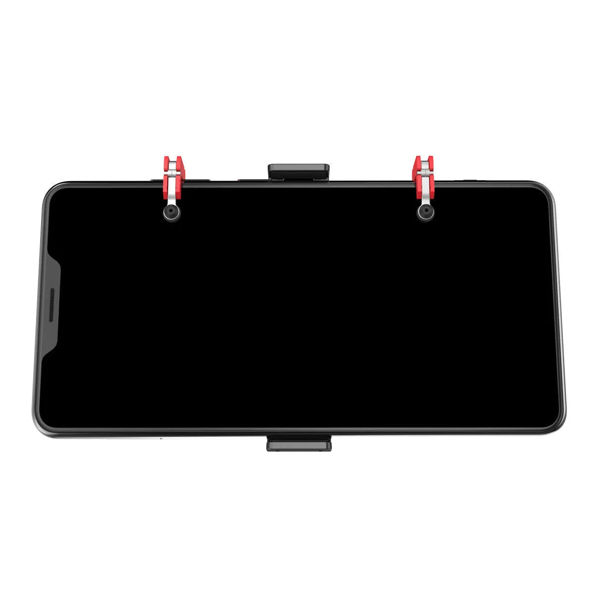 Black phone gaming trigger bracket stand with a metal handle and adjustable trigger for mobile shooting games.