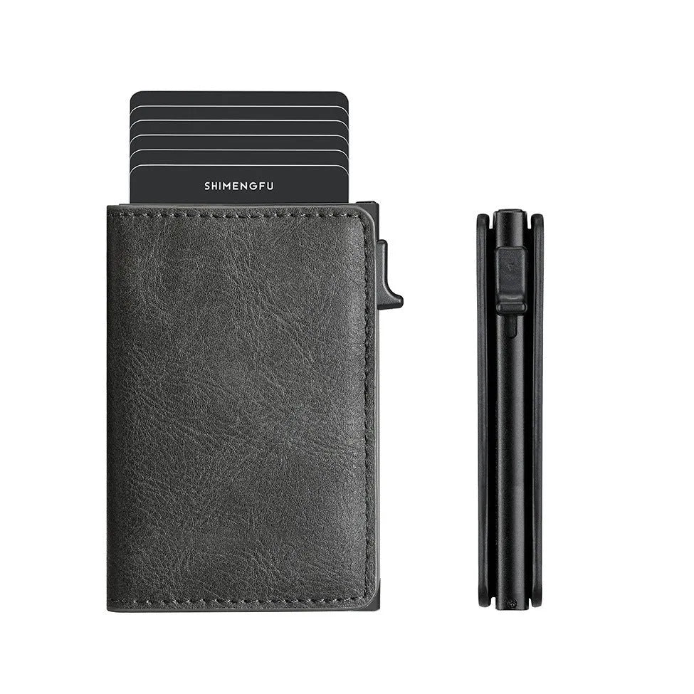 Pop-up aluminum alloy card wallet in retro style with anti-theft protection, available in multiple colours