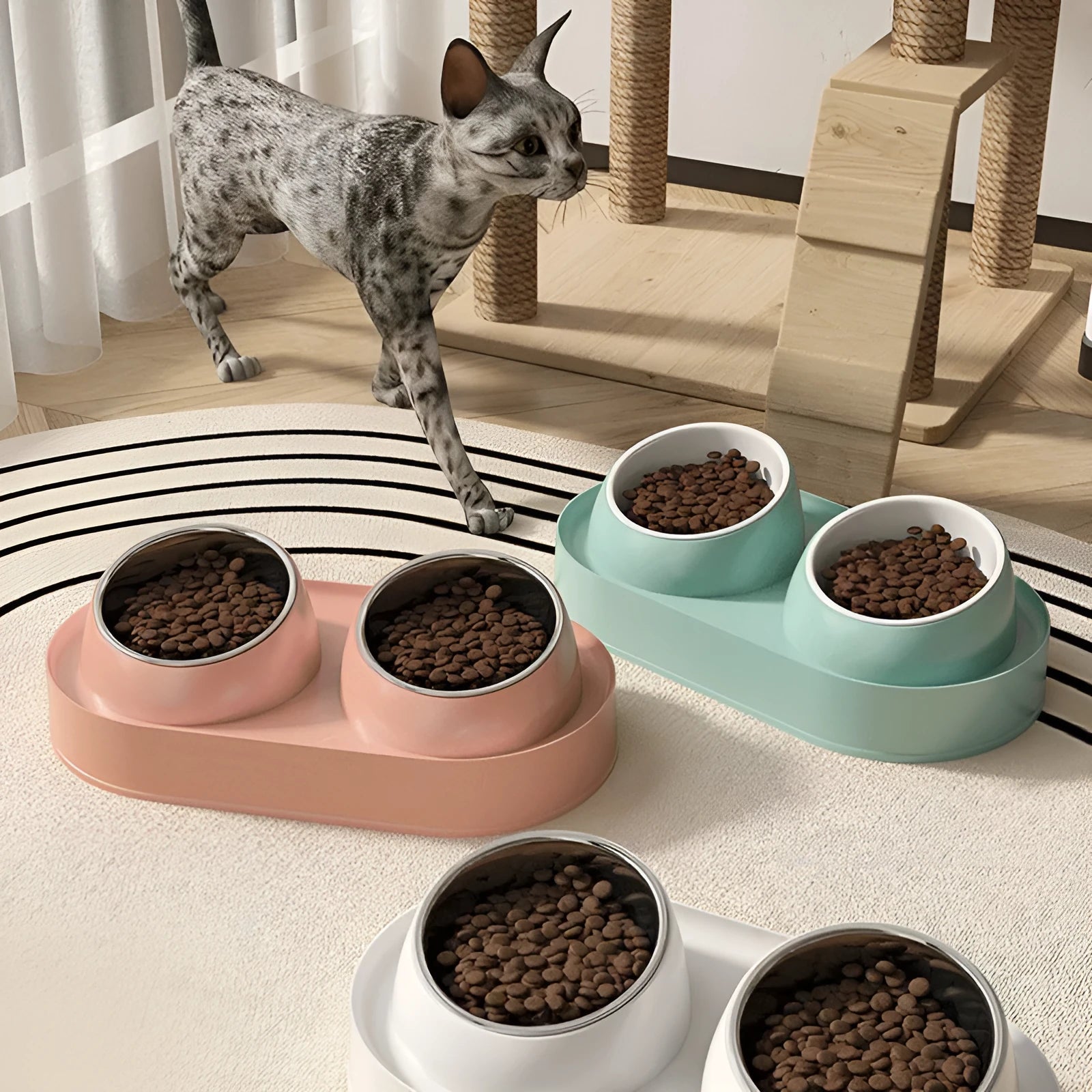 Pet double bowl feeder with 10° tilt, 12cm height, white base, and ceramic bowls on non-slip silicone pad