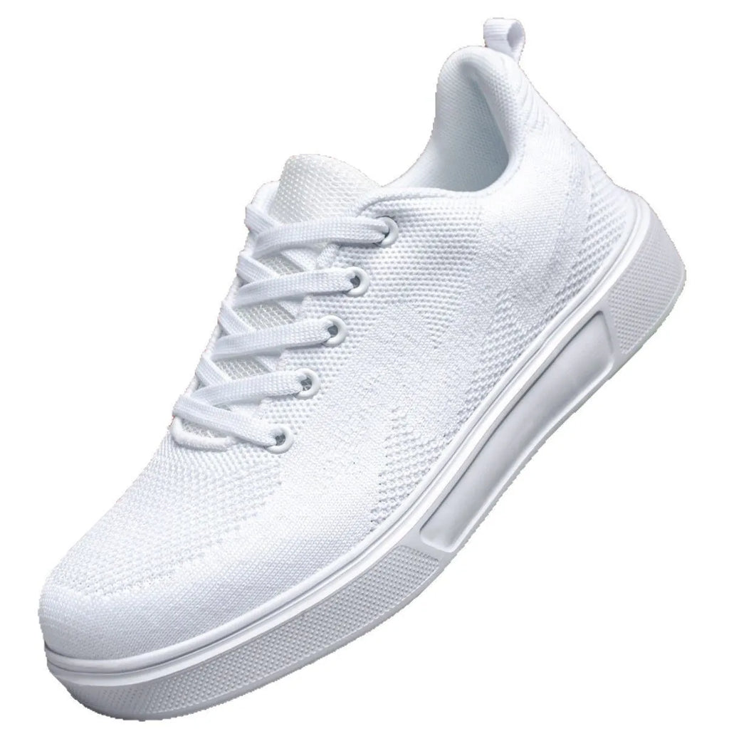 Light white thick sole casual board shoes with breathable mesh upper and EVA sole, lace-up flat heel design for unisex wear