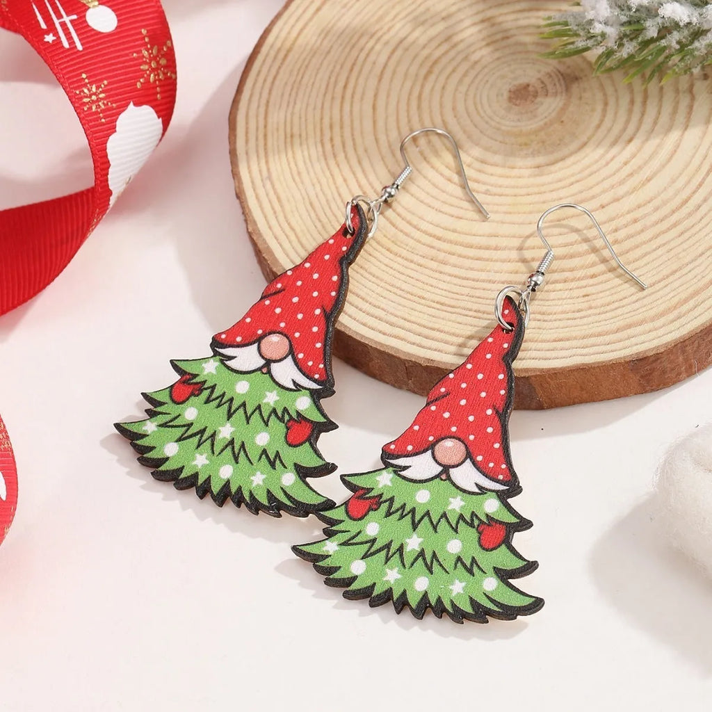Women's wooden Christmas earrings with geometric shapes and Santa Claus elements in Christmas tree design