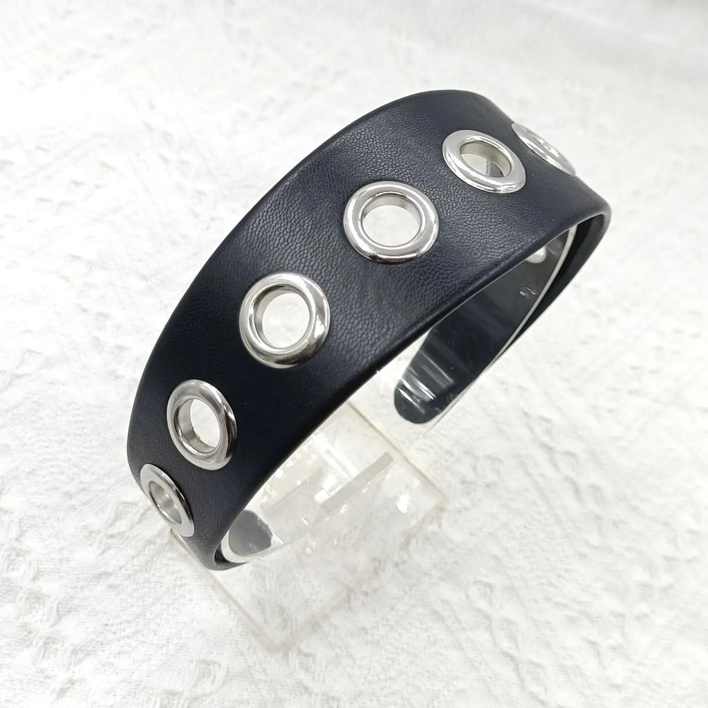 Wide black artificial leather headband with round and square rivets, handmade punk style for women