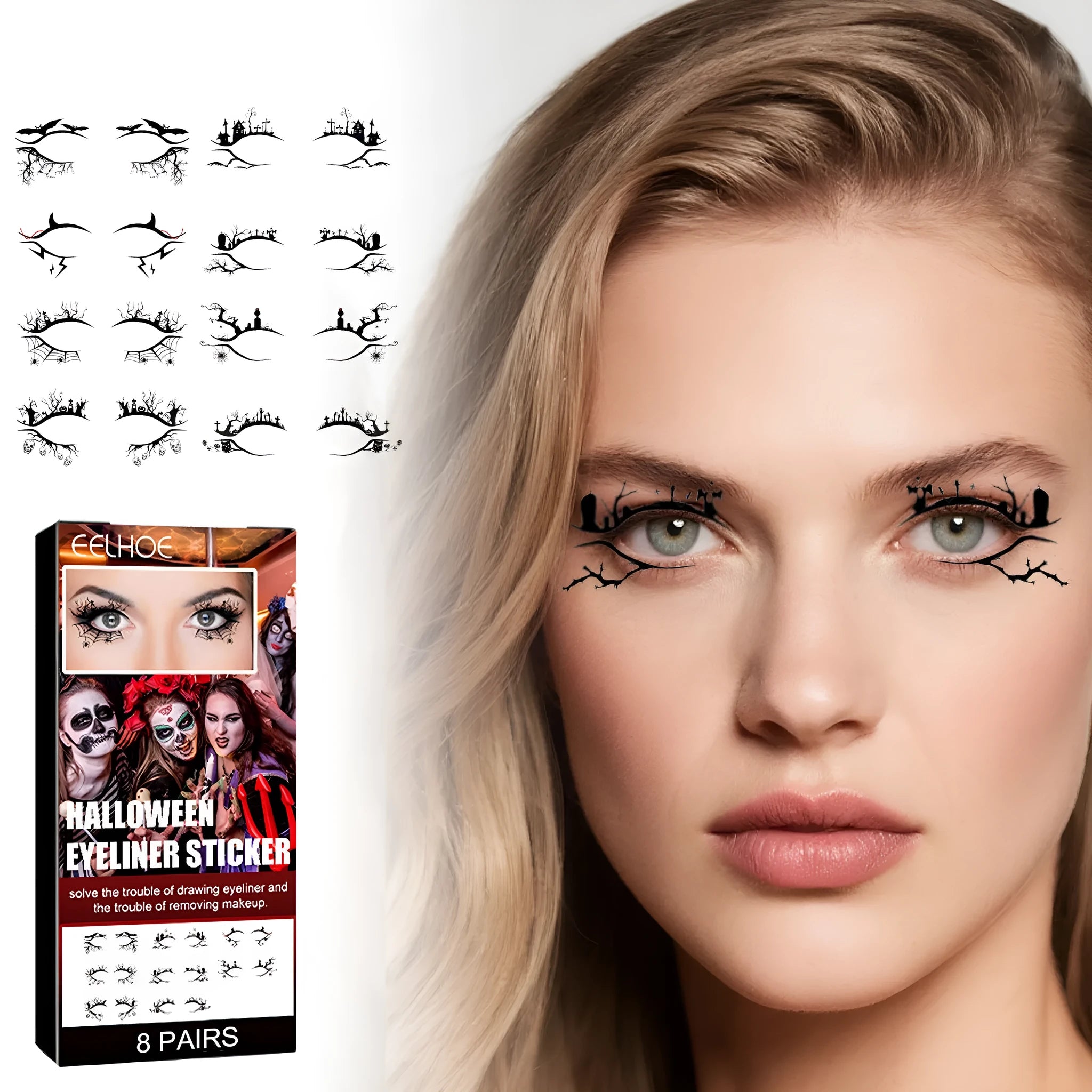 Bat spider decorative eye shadow eyeliner stickers set of 8 pairs for temporary Halloween makeup use