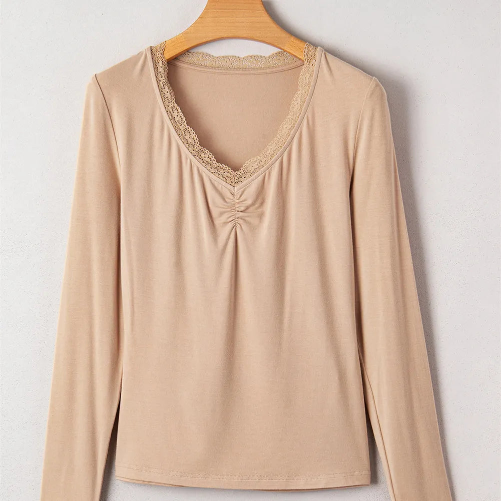 Women's slim-fit casual top with lace trim long sleeves in solid colour