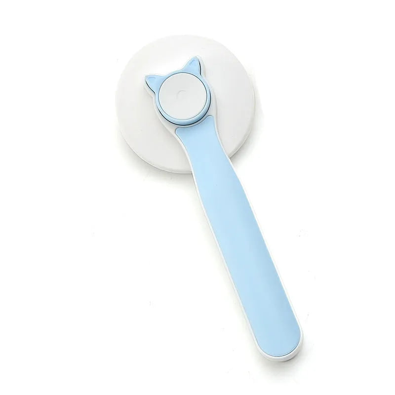 Self-cleaning slicker brush for dog and cat grooming with blue handle and stainless steel bristles.