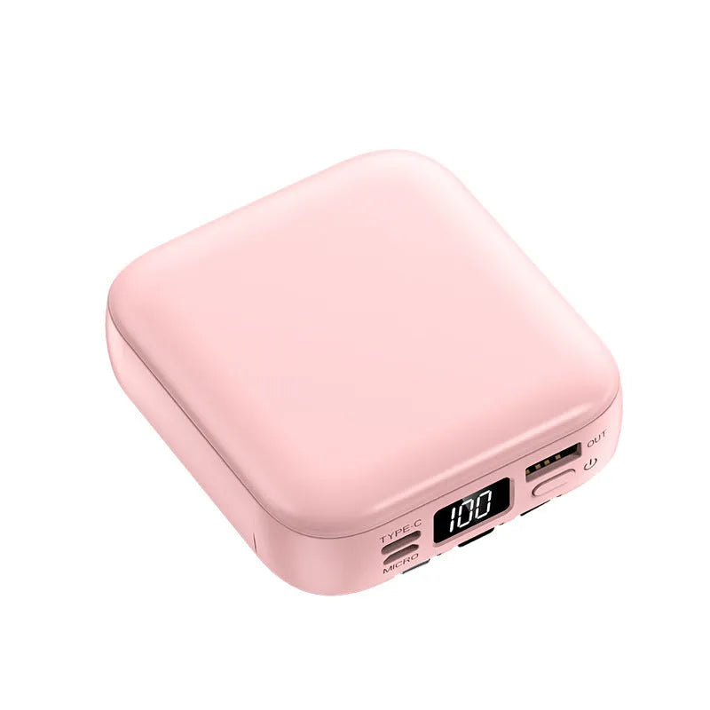 Beauty mirror power bank with cable in cherry blossom pink, compact size 84x78x33mm