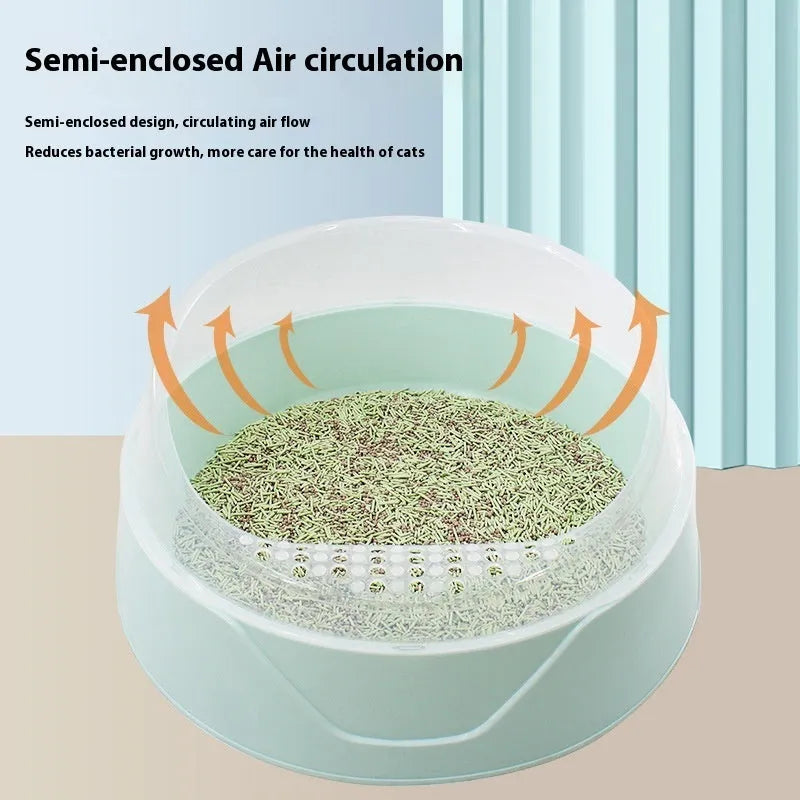 Round deodorant cat litter box in mint green, made from PP plastic with smooth interior