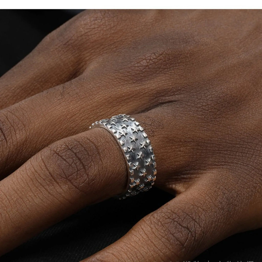 Pure silver geometric star ring with adjustable opening for men and women.
