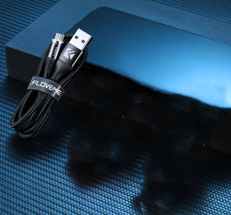 Black magnetic fast-charge data cable with side LED light and Type-C, Lightning, and Micro-USB connectors.