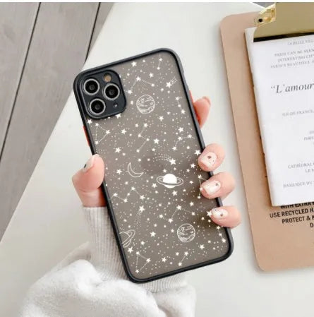 Star universe pattern black phone case for iPhone with skin sensation texture