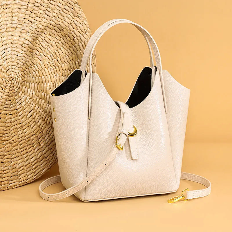 Genuine leather retro bucket bag with file compartment in lake blue colour option