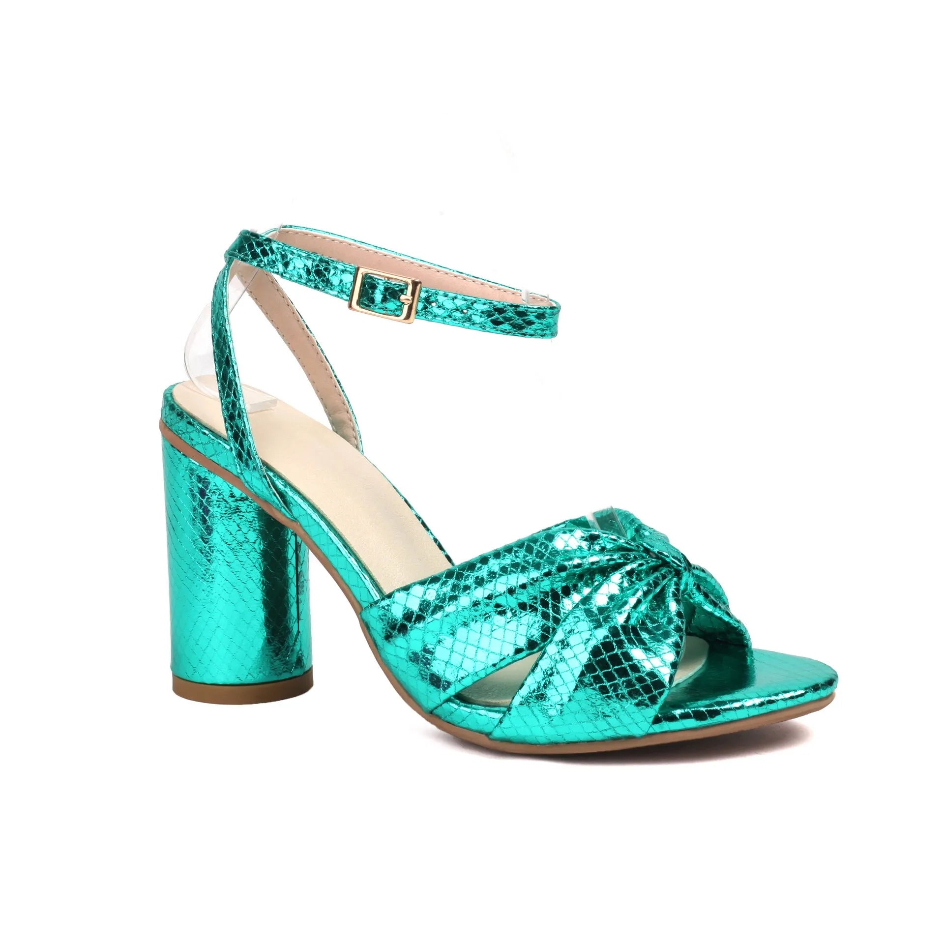 High heel plus size peep toe ankle buckle sandals in gold with fish mouth scaffold and PU upper