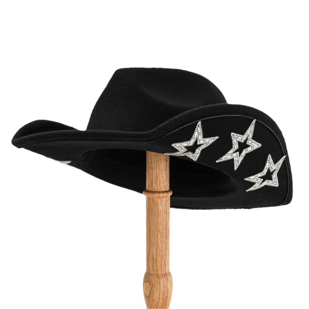 Woolen felt western denim top hat with conical crown and hexagonal star detail in M size 56-58cm.