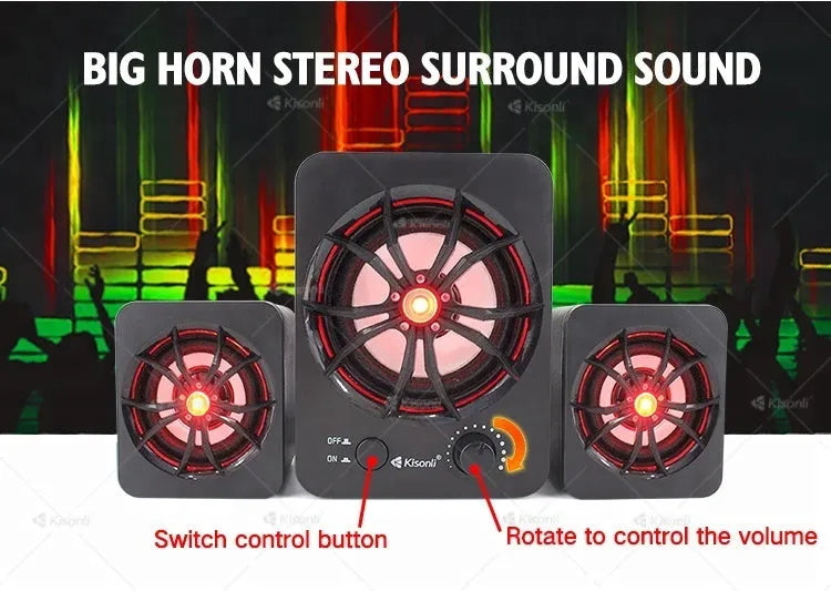 Green 2.1 USB computer speaker with glowing colourful lights and dual connectivity ports