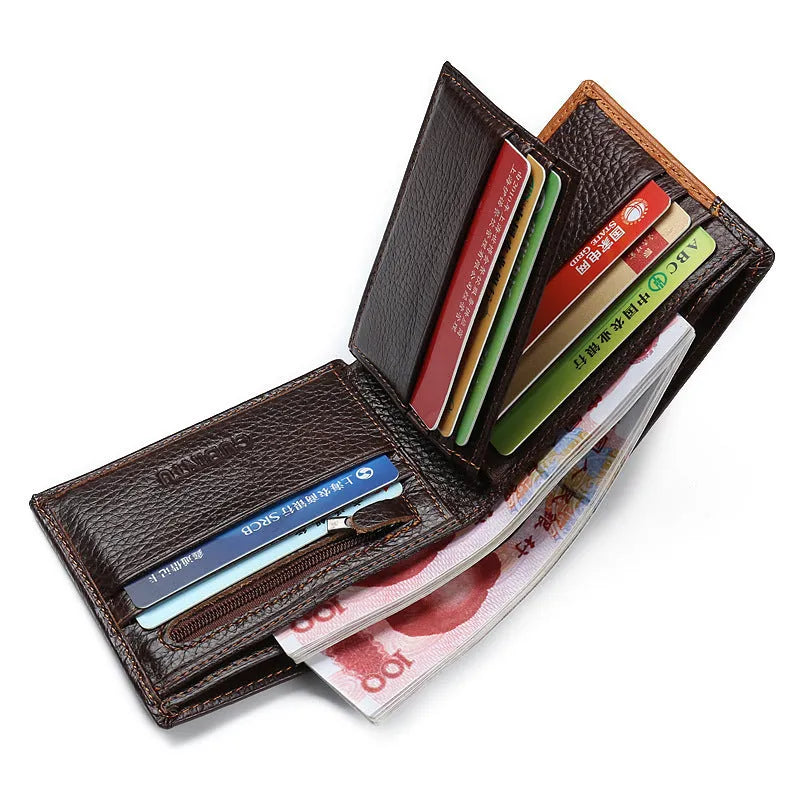 Brown cowhide leather men's wallet with car stitching detail showing multiple card slots and compartments
