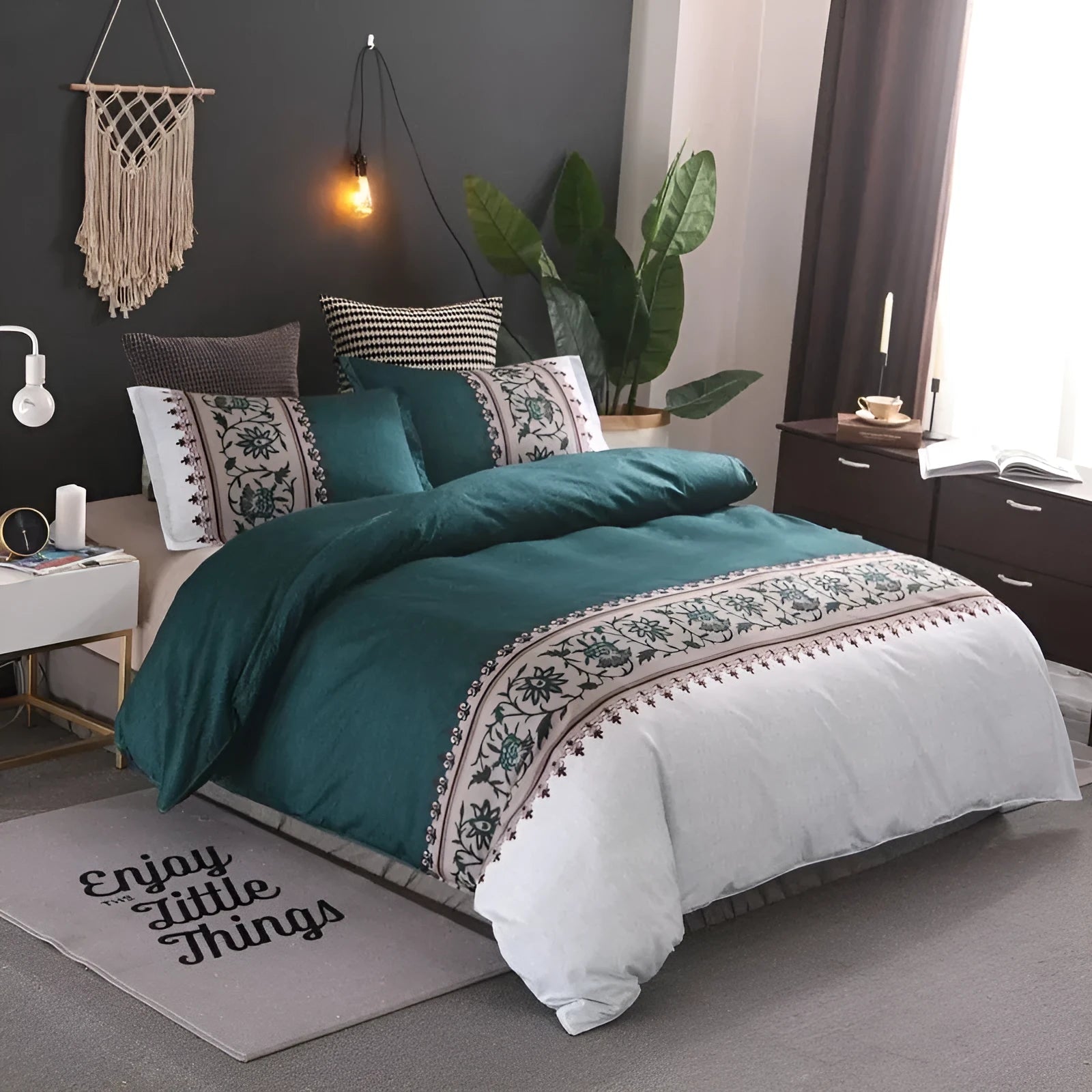 Polyester duvet cover set with plain weave reactive printing in peacock blue colour on a bed
