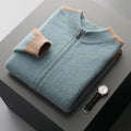 Men's half turtleneck zipper cardigan in wool yarn, loose fit, long sleeves, dark blue colour