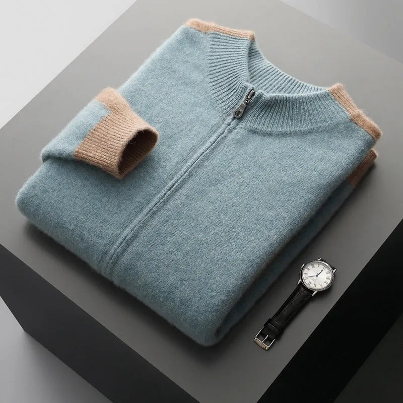 Men's half turtleneck zipper cardigan in wool yarn, loose fit, long sleeves, dark blue colour