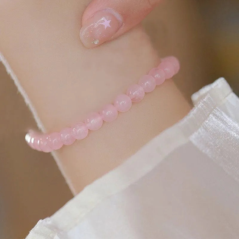 Women's aquamarine crystal bracelet with round natural pink crystal beads, light luxury style, handmade jewellery