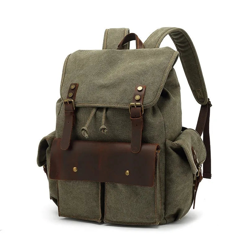 Retro canvas backpack in military green with antique bronze hardware, 33x42x16cm, for 16-inch laptop travel
