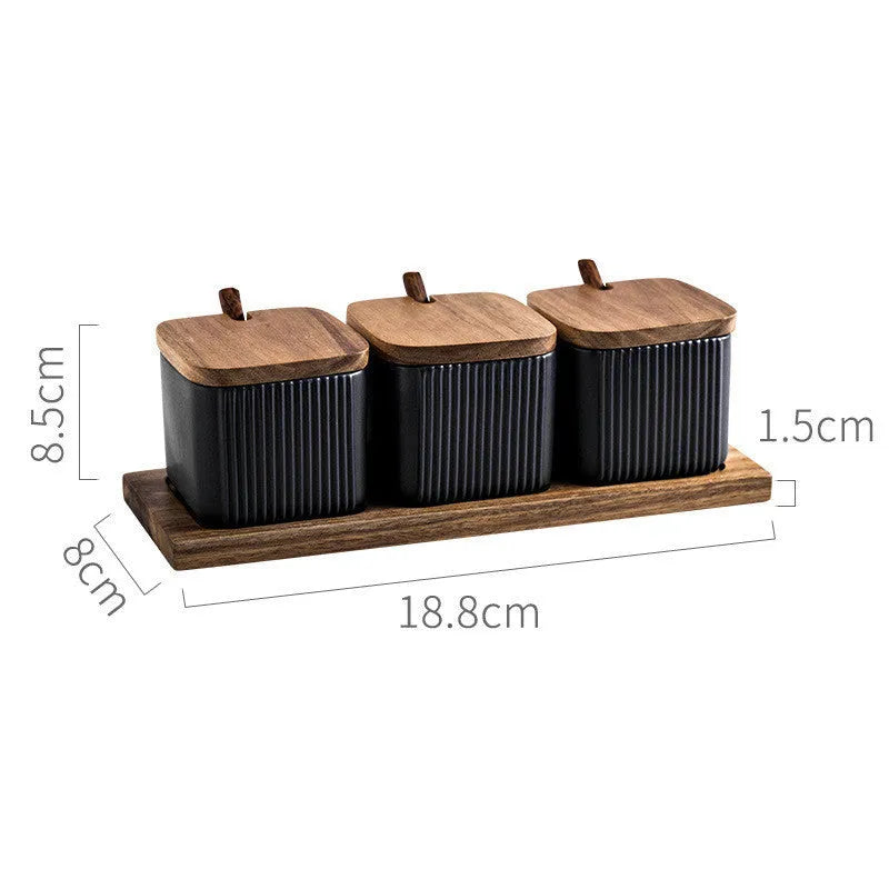 Ceramic seasoning jar set with matte glaze finish and wood lids, available in 2 or 3 pieces, black blue white options