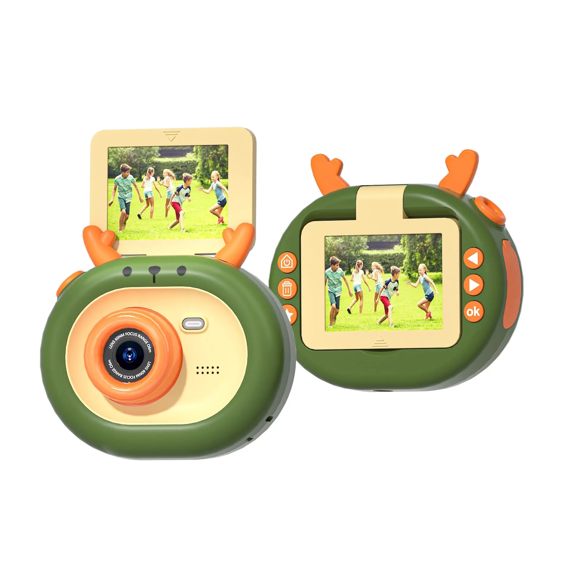 Dark green and purple children's digital camera with flip screen, silicone case, and lanyard.
