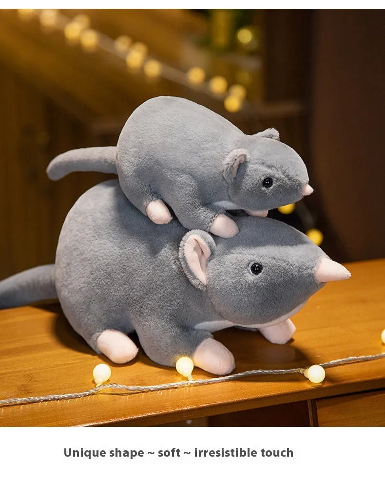 Cartoon style grey mouse plush doll stuffed toy in three sizes.