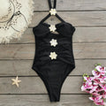 Women's solid colour one-piece swimsuit with detachable short skirt, shown in a high-waist style with a hollow-out tube top.