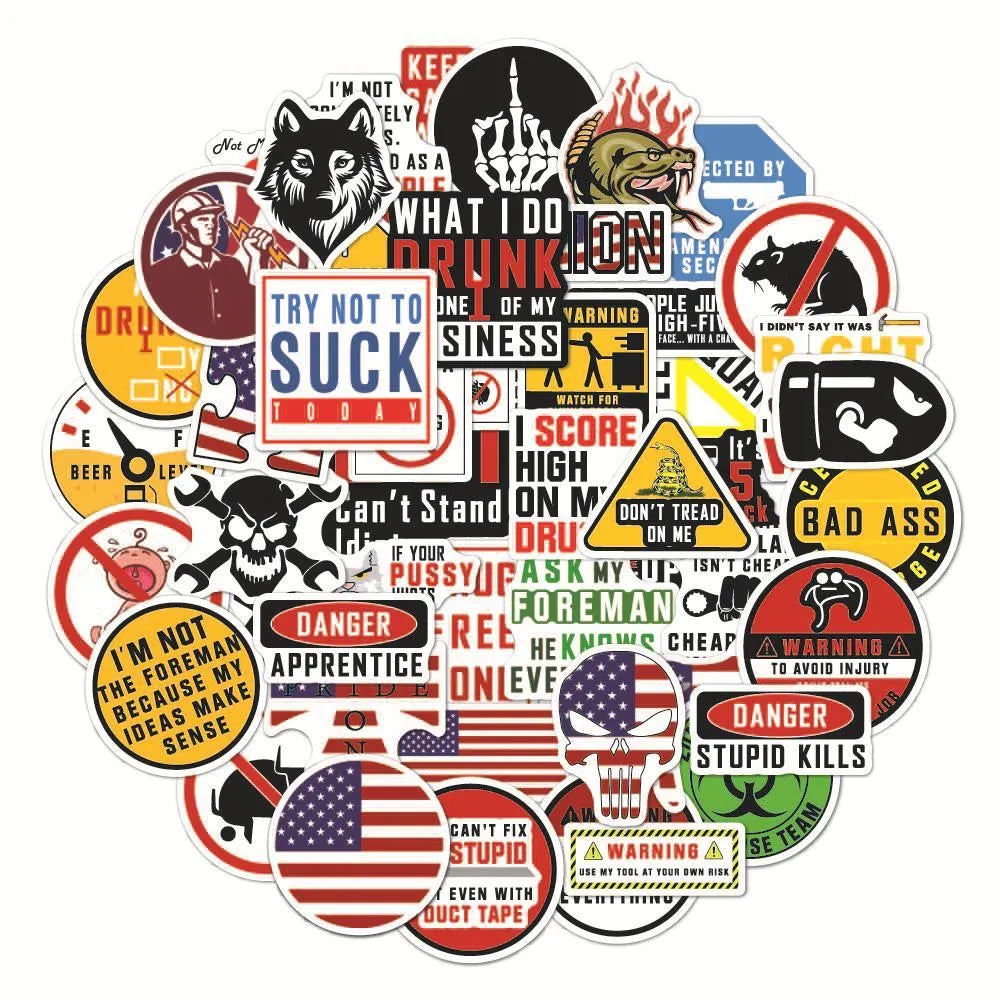 50 pack of waterproof PVC warning stickers for motorcycle helmets measuring 6-8cm