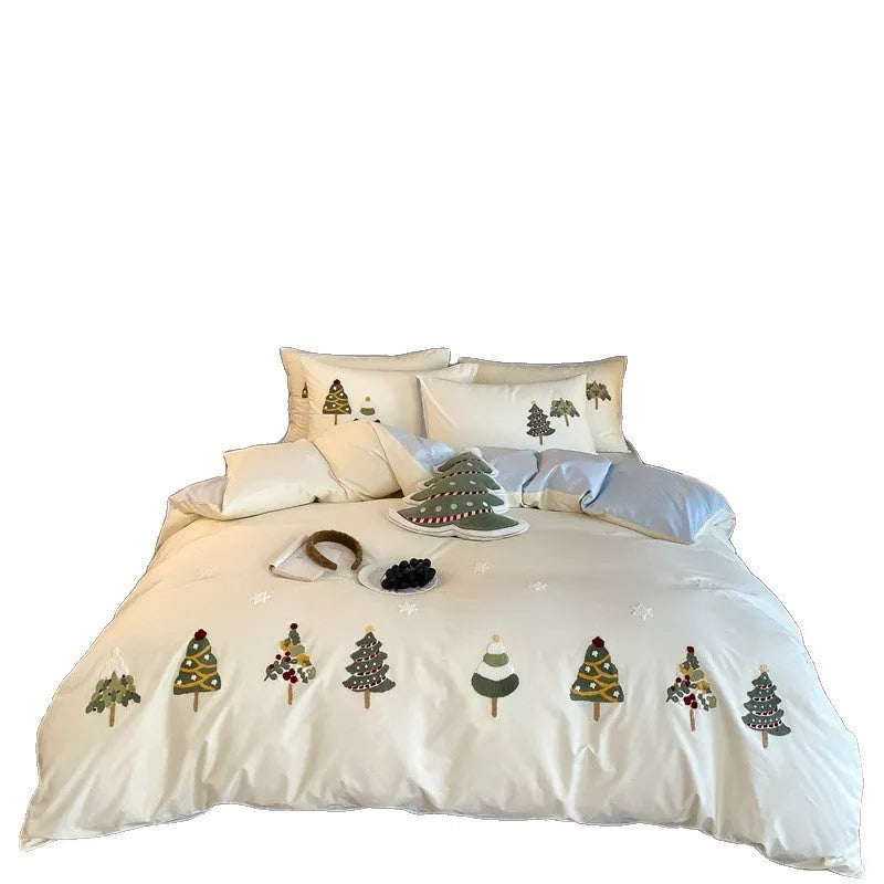 Cream Blue cotton bedding set with embroidered Christmas tree and floral pattern, showing duvet cover and pillowcases.