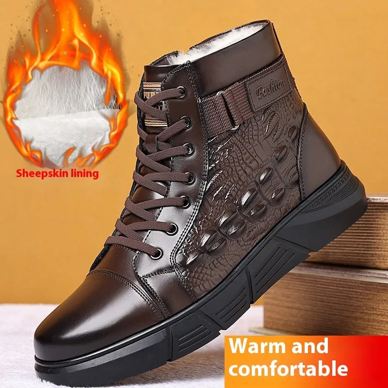 Genuine leather fur-lined snow boots with lace-up front and rubber sole, shown in black with velvet trim.