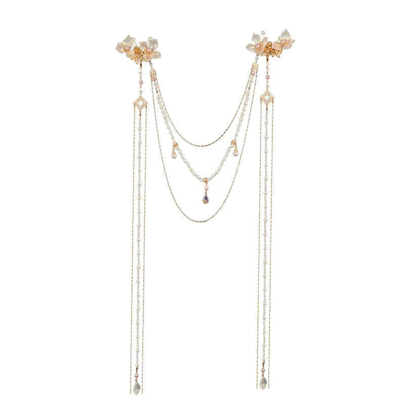 Gold women's hairpin with pearl, diamond and flower decoration and long tassel