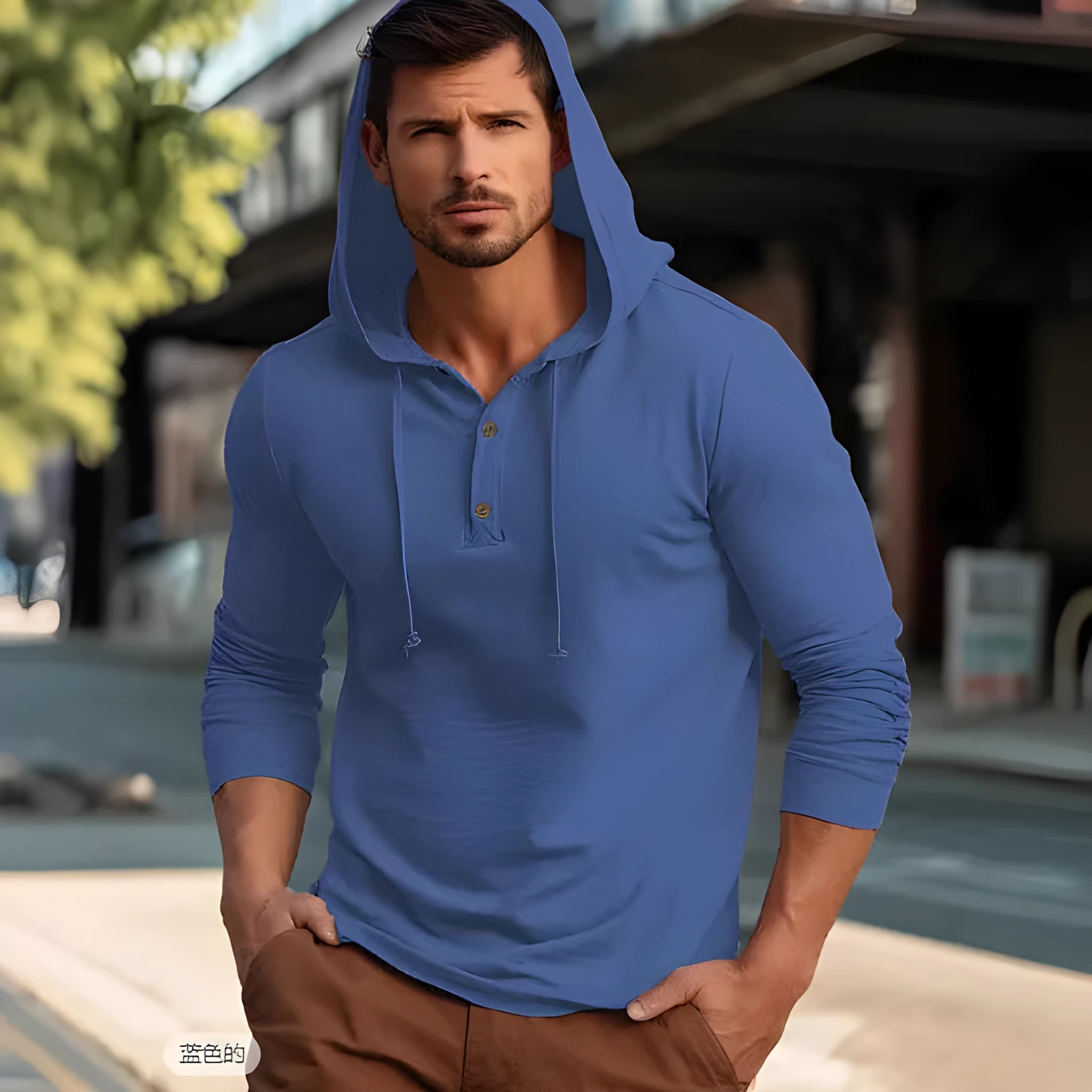 Men's dark blue cotton sports hoodie pullover with long sleeves on a hanger