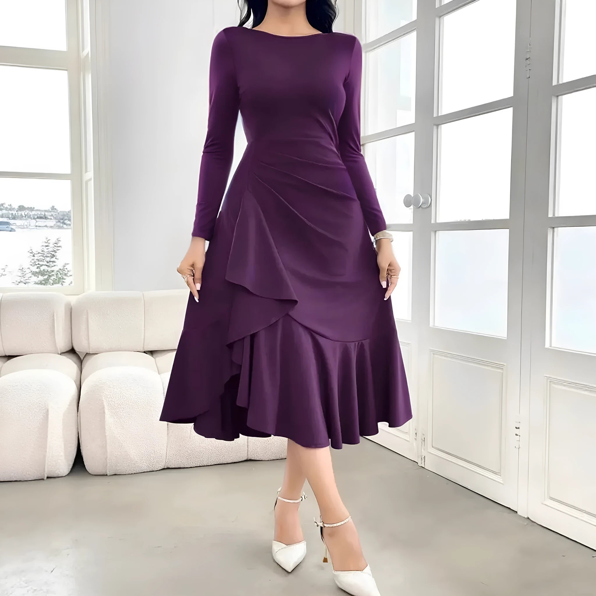 Purple women's long sleeve round neck pullover dress with ruffle detail on a mid-waist.