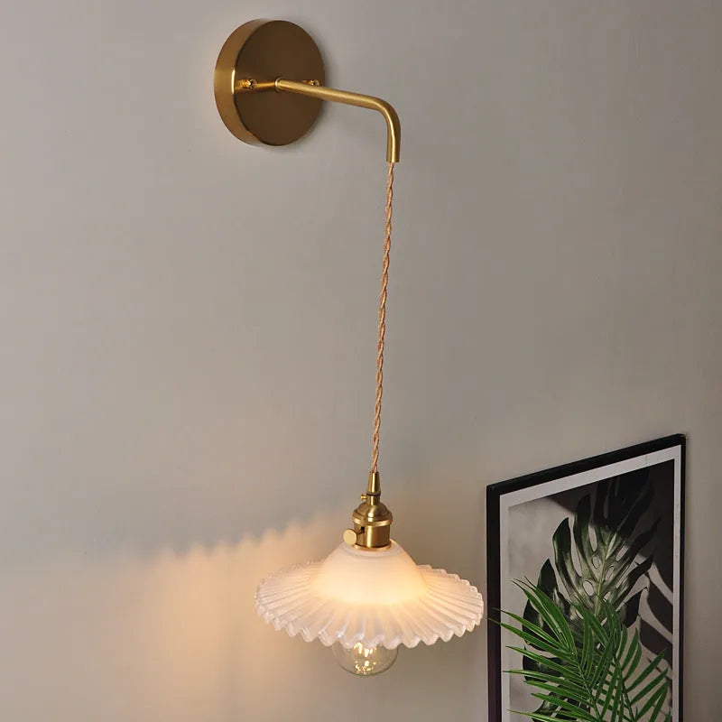 Retro brass lotus wall lamp with copper body and glass shade in choice of six colours