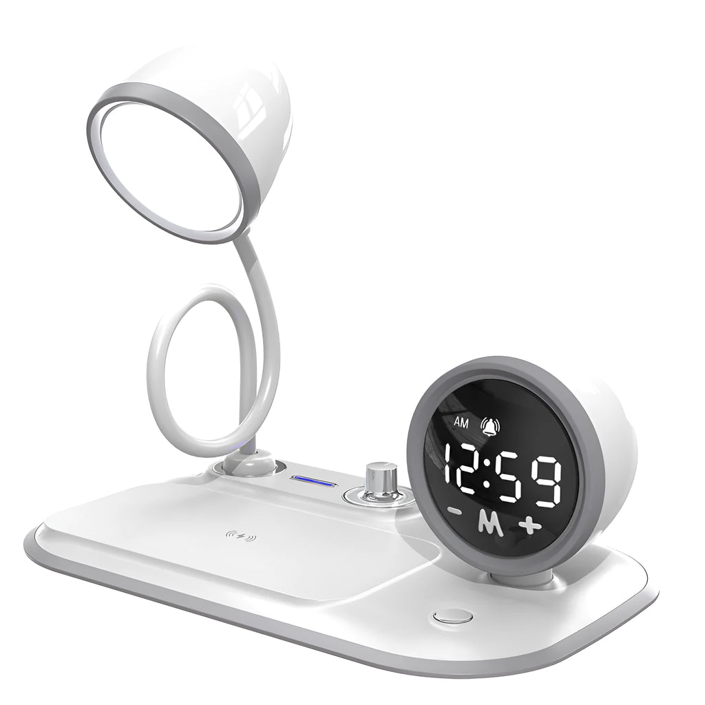 White three-in-one desk lamp with integrated clock display and wireless charging pad