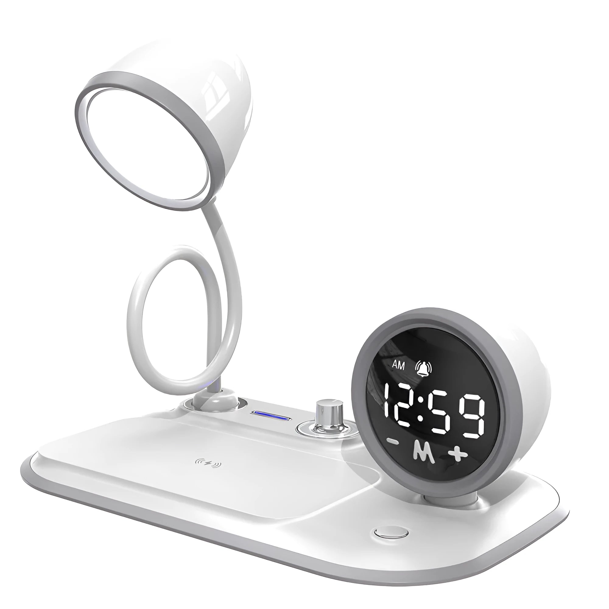 White three-in-one desk lamp with integrated clock display and wireless charging pad