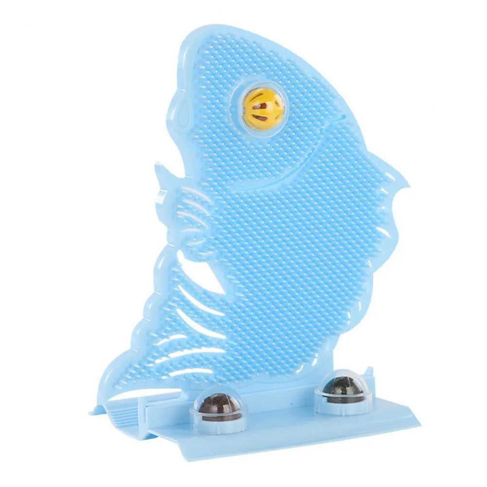 Blue fish-shaped cat wall scratcher with self-grooming brush and two green catnip balls on a base