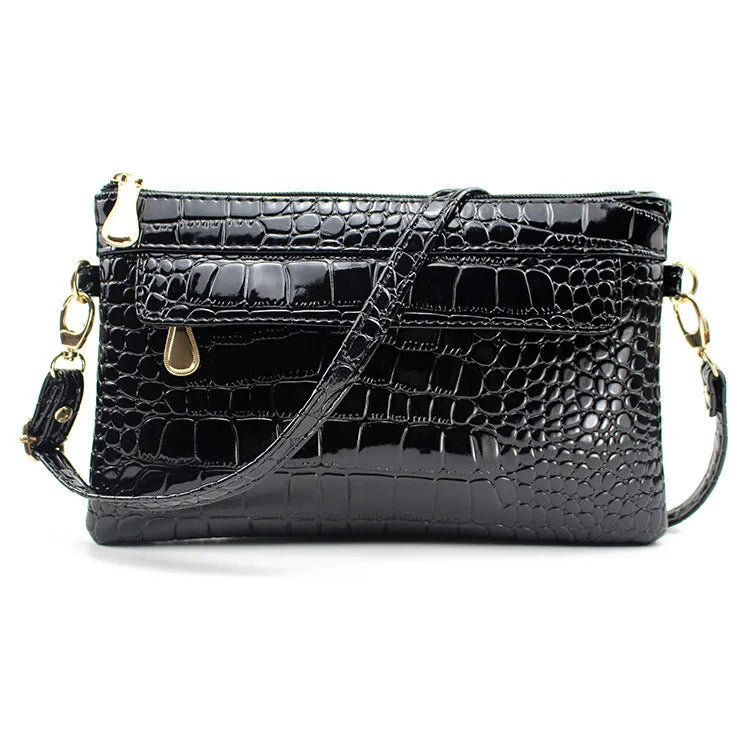 Women's fashion shoulder messenger bag in black, soft PU, horizontal square shape, 24cm width