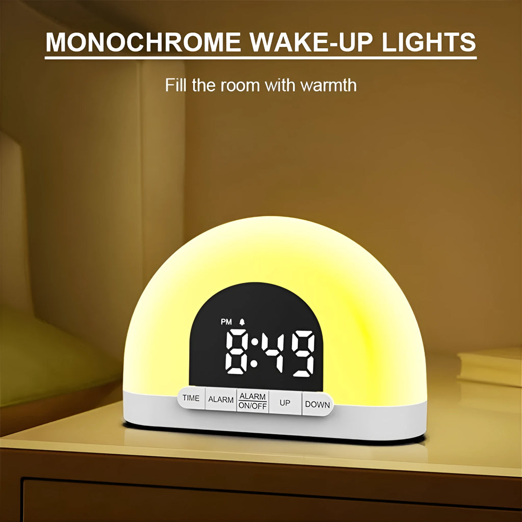 Wake-up light simulated sunrise alarm clock with white display and ABS shell, 150x50x105mm, on a bedside table
