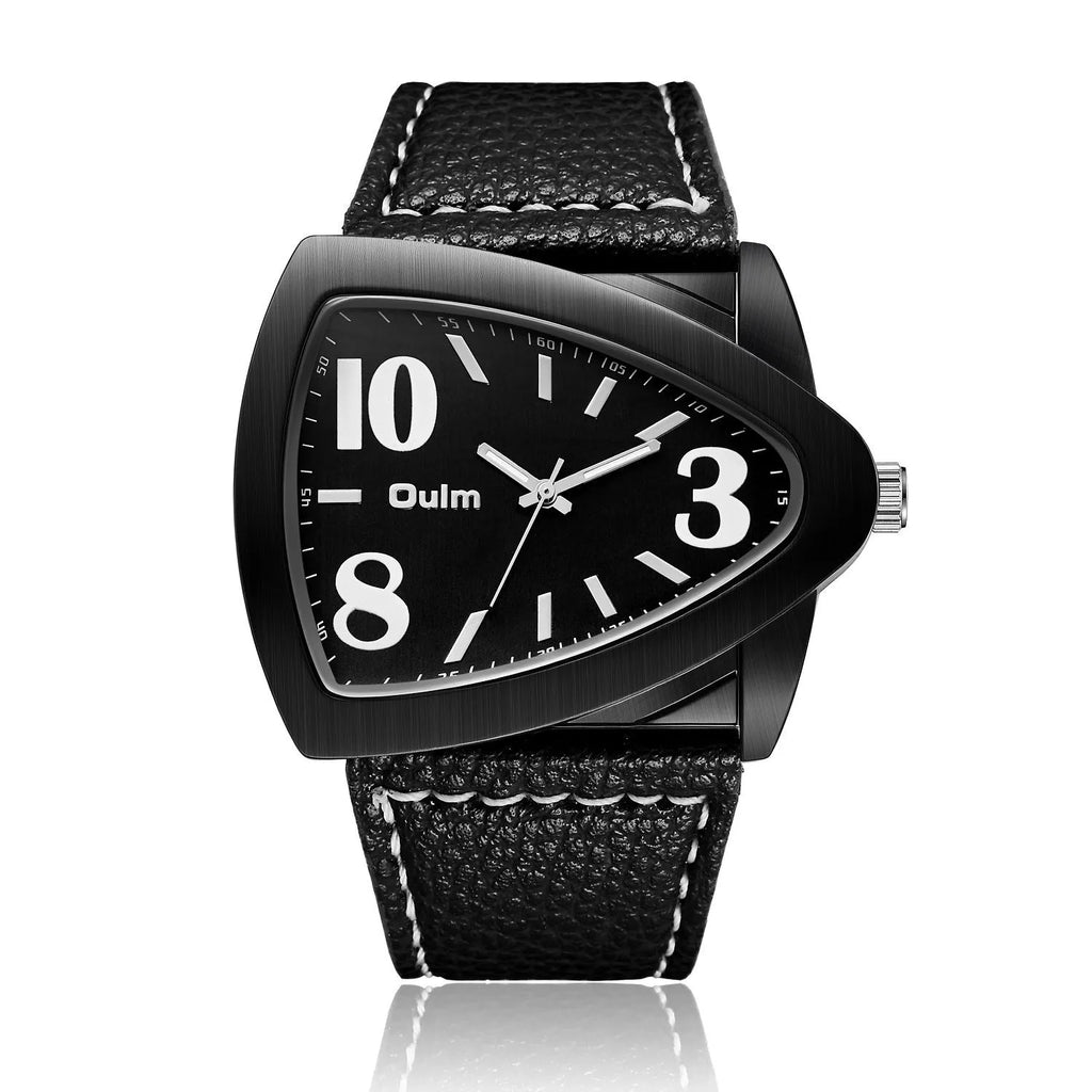 Men's casual triangle belt quartz watch showing 9mm thickness and colour options