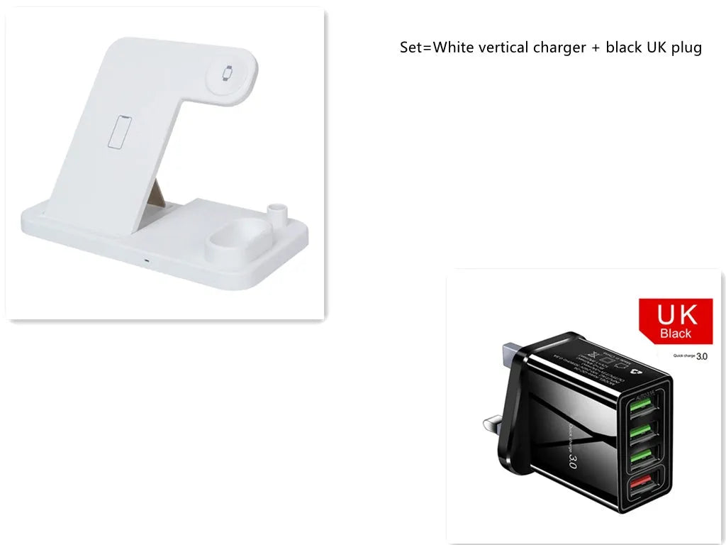 Black 4-in-1 wireless charging station for iPhone, Apple Watch, AirPods and Apple Pencil on a desk