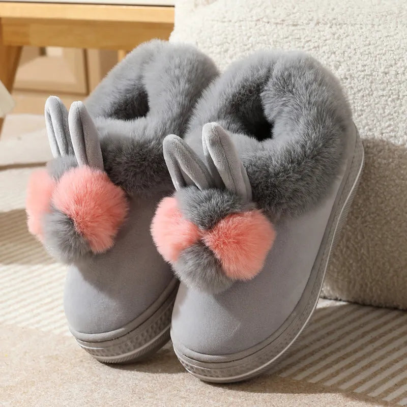 Winter high heel thick-soled cotton slippers in gray with non-slip TPR sole and plush upper