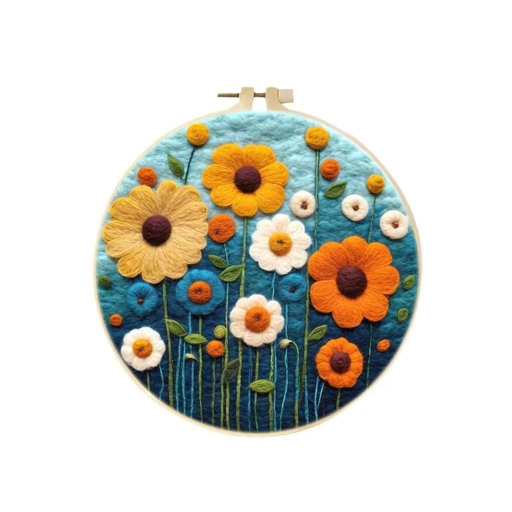 Round linen fabric embroidery kit 20x20cm with free frame flowers grass leaves three-dimensional blanket painting