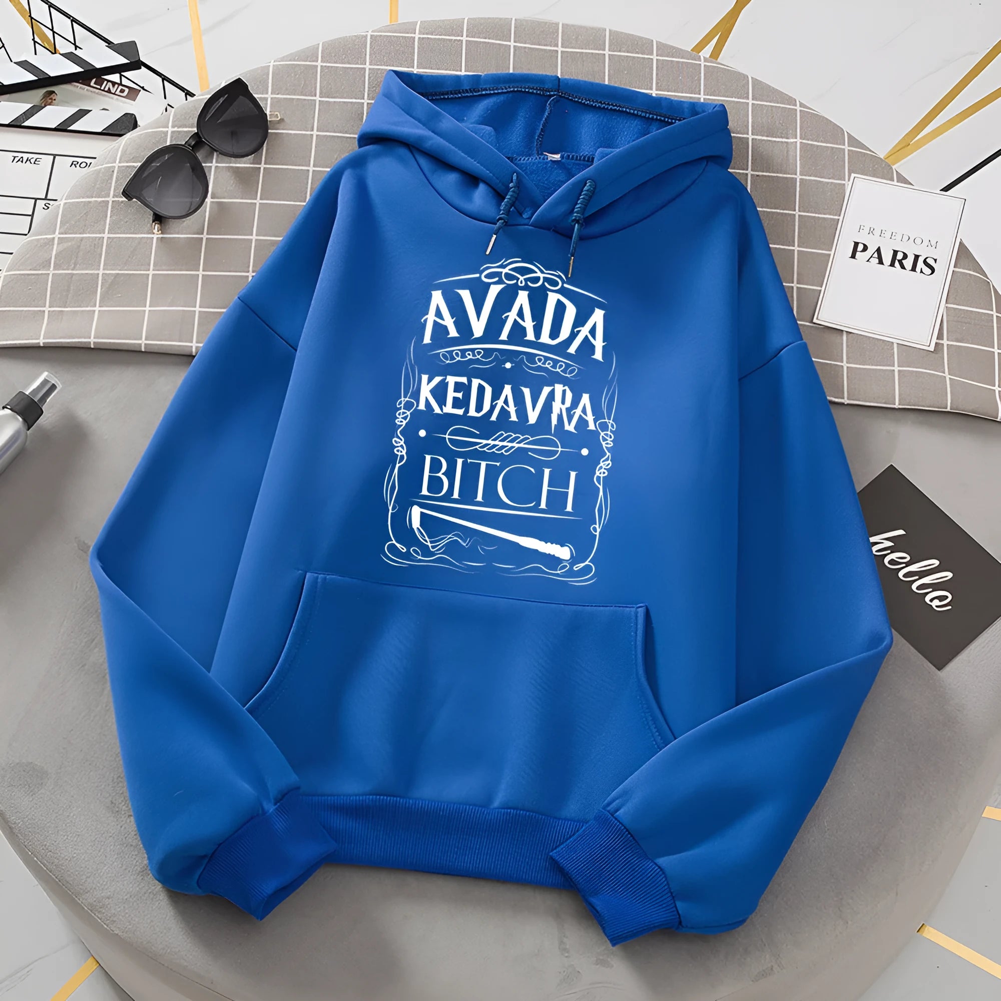 Women's fleece loose hoodie with letter print in [colour], long sleeves, hooded collar, 100% polyester, available in sizes M to 3XL