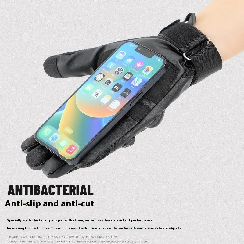 Men's black tactical gloves with touch screen compatible fingertips shown in medium size