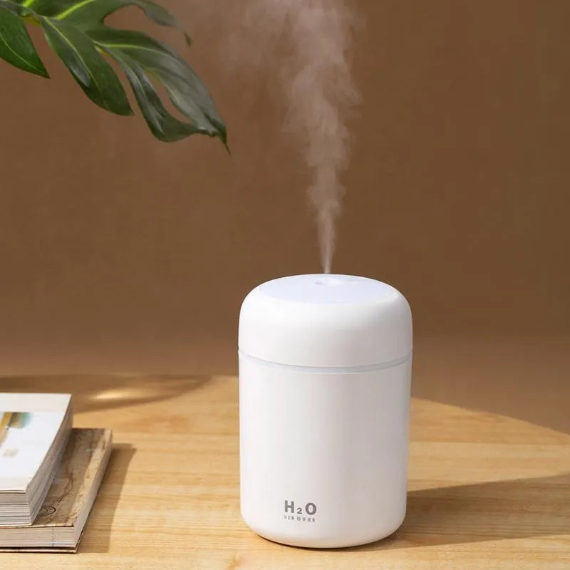 Pink, white, or navy blue USB mini desktop humidifier with water tank and colourful lights