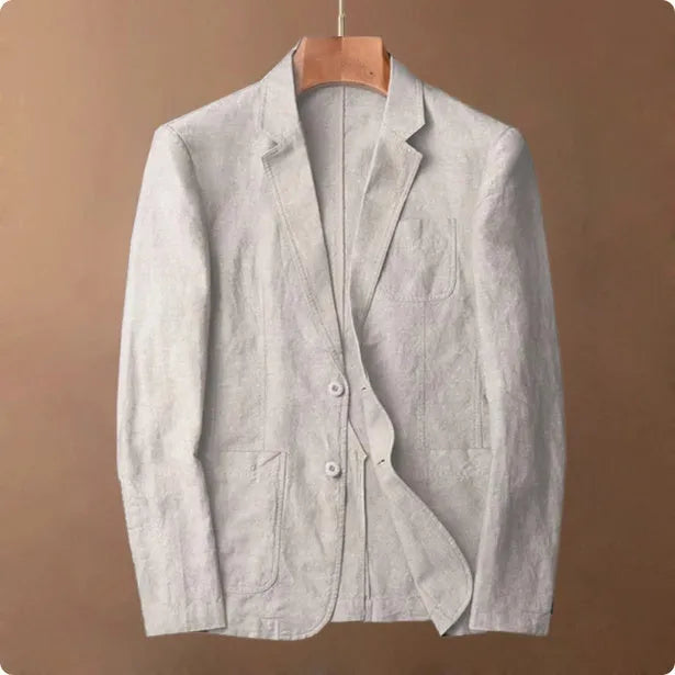 Men's linen suit thin coat in solid colour with side stick pockets, shown on a model, available in sizes S to 3XL.