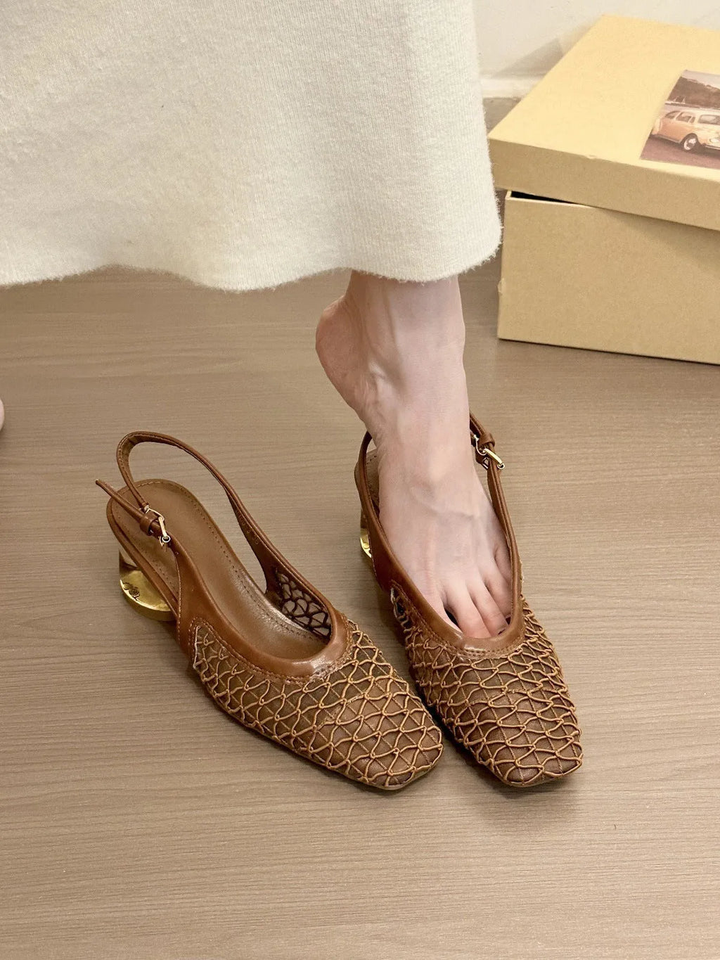 Square toe woven toe cap slingback sandals for women in brown, black, and apricot