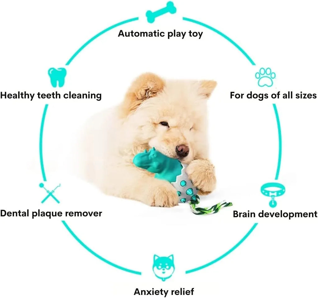 Blue dinosaur-shaped dog chew toy with rubber and nylon body, textured surface, and an integrated rope tail.
